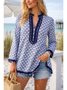 Cynthia Rowley Womens Tunic Top Sz Large Blue White Boho Coastal Preppy Resort